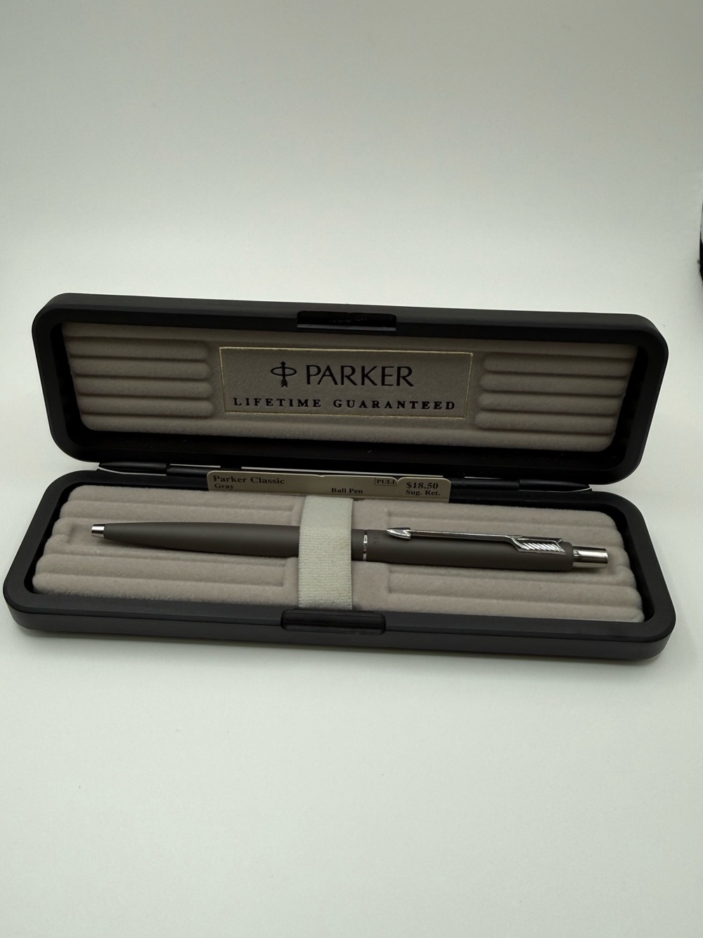 Vintage Parker Ballpoint Pen matte Gray Silver Set BOXED black ink
